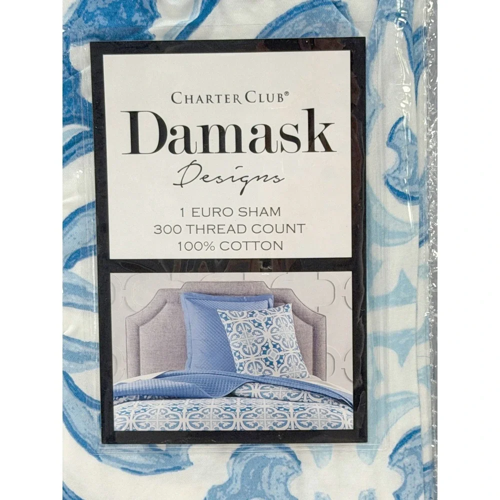 Charter‎ Club Painted Tile Euro Shams Set Blue White Boho Coastal Cotton Beach